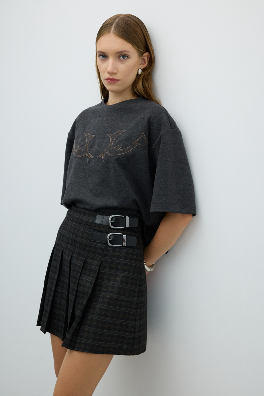 Süs Tokalı Pileli Mini Etek Antrasit - 3