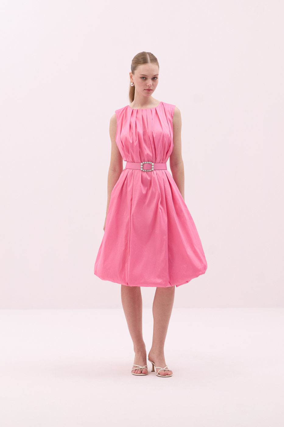 Tafta Beli Kemerli Midi Boy Balon Elbise Pembe - 1