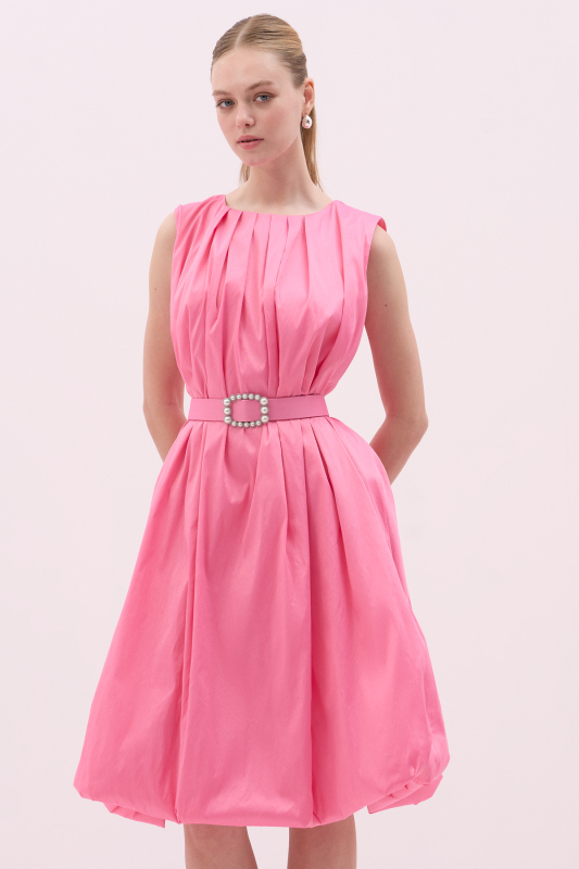 Tafta Beli Kemerli Midi Boy Balon Elbise Pembe - 3