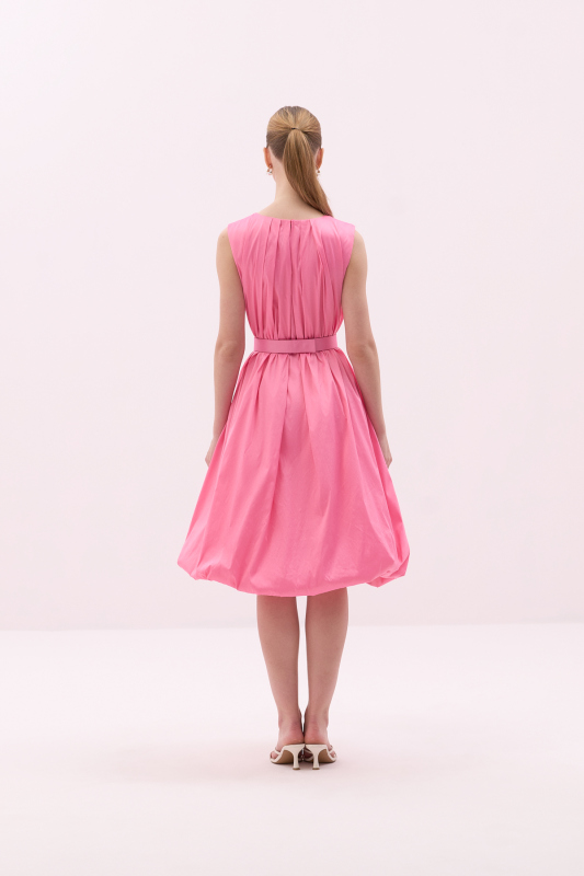 Tafta Beli Kemerli Midi Boy Balon Elbise Pembe - 2