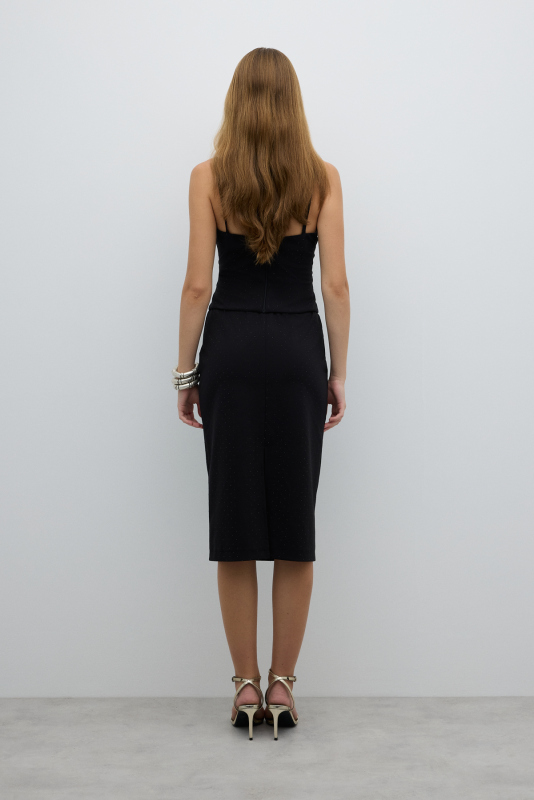 Taş Baskılı Beli Lastikli Midi Boy Etek Siyah - 2