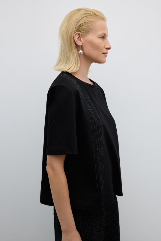 Taş Baskılı Bisiklet Yaka T-shirt Siyah - 3