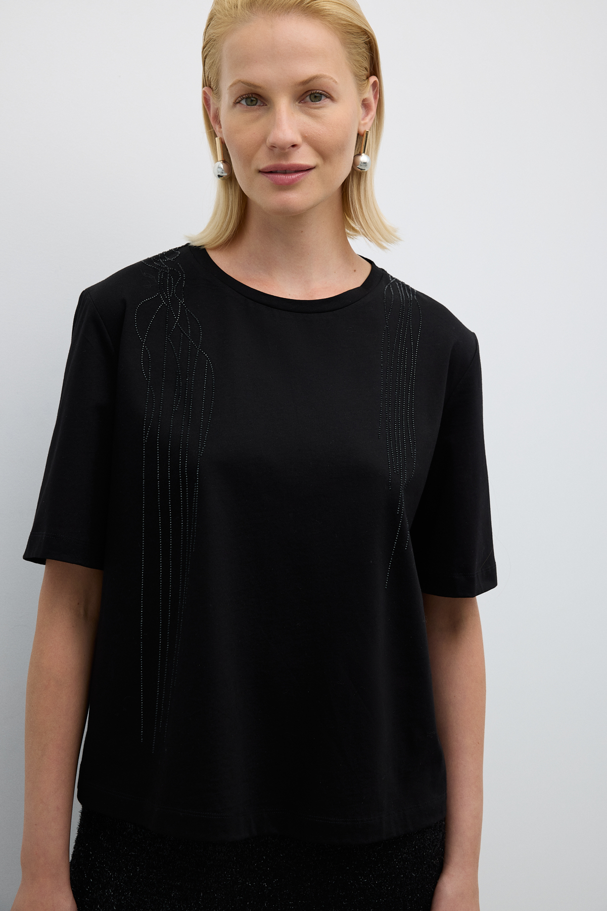 Taş Baskılı Bisiklet Yaka T-shirt Siyah