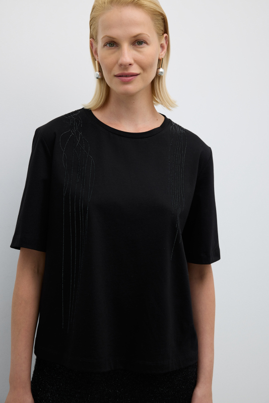 Taş Baskılı Bisiklet Yaka T-shirt Siyah - 1