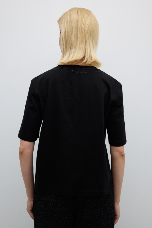 Taş Baskılı Bisiklet Yaka T-shirt Siyah - 2