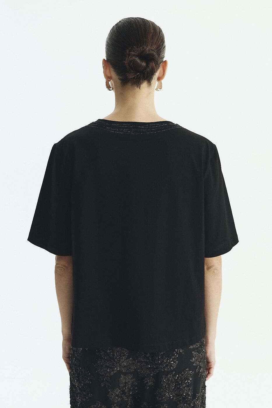 Taş Baskılı Bisiklet Yaka T-shirt Siyah - 2