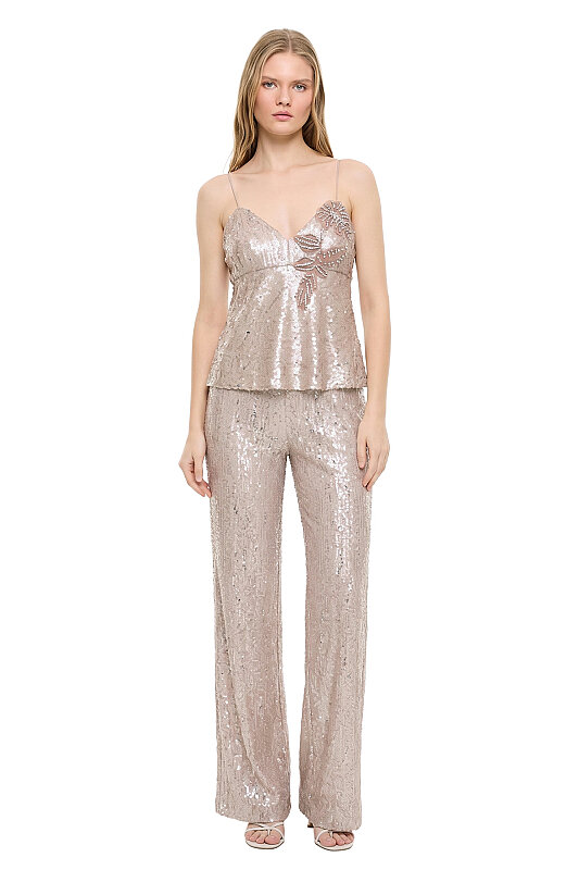 Taş İşlemeli Asimetrik Bluz Bej - Roman