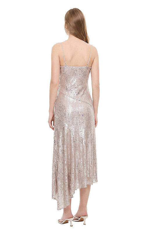 Taş İşlemeli Çiçek Motifli Asimetrik Elbise Bej - Roman (1)