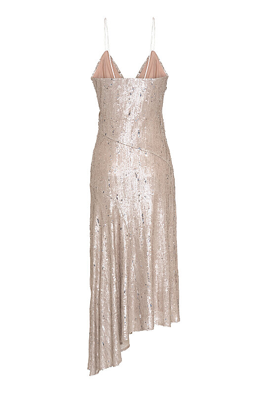 Taş İşlemeli Çiçek Motifli Asimetrik Elbise Bej - 6