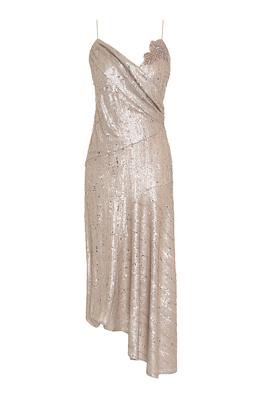 Taş İşlemeli Çiçek Motifli Asimetrik Elbise Bej - 7