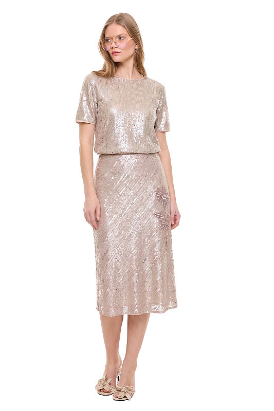 Taş İşlemeli Çiçek Motifli Midi Etek Bej - Roman