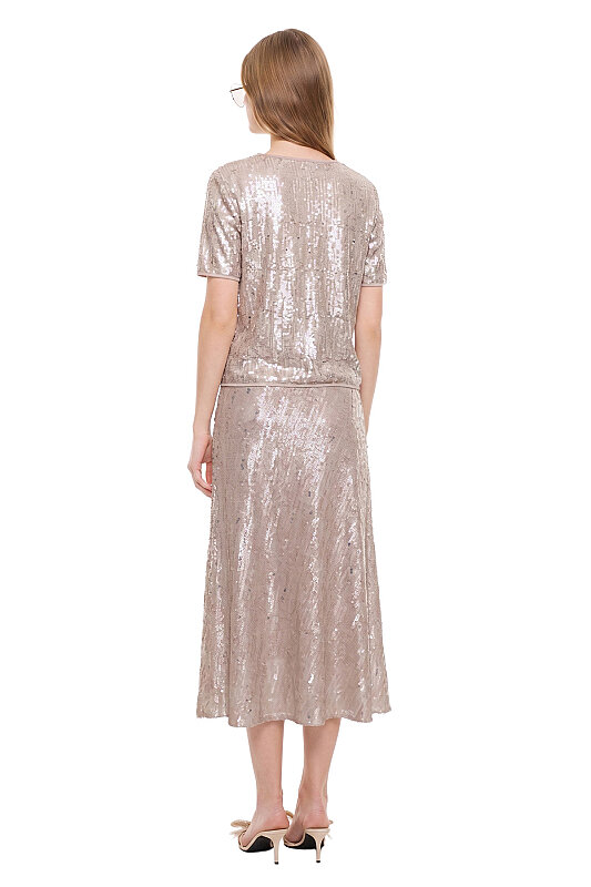 Taş İşlemeli Çiçek Motifli Midi Etek Bej - Roman (1)