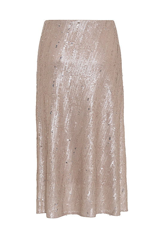 Taş İşlemeli Çiçek Motifli Midi Etek Bej - 3