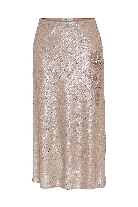 Taş İşlemeli Çiçek Motifli Midi Etek Bej - 4