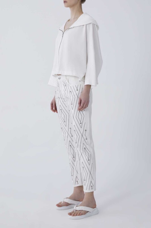 Taş İşlemi Denim Kadın Pantolon Beyaz - 3