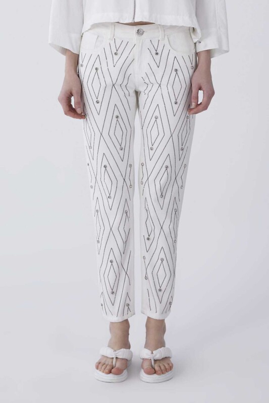 Taş İşlemi Denim Kadın Pantolon Beyaz - 1