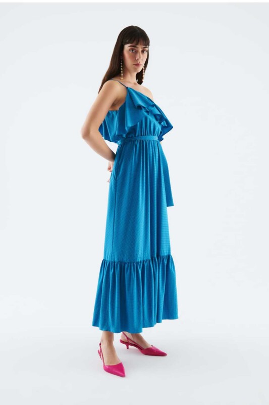 Tek Askılı Kuşaklı Uzun Elbise Standart Renk - 3