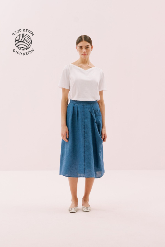 Tek Cep Detaylı Beli Lastikli Keten Midi Boy Etek İndigo - 1