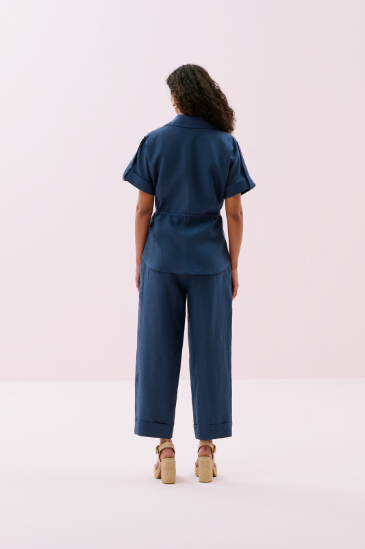 Tek Cepli Beli Bağlanabilen Kısa Kol Keten Gömlek Lacivert - 2