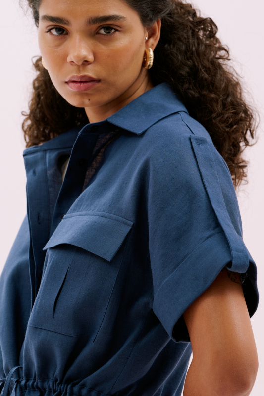 Tek Cepli Beli Bağlanabilen Kısa Kol Keten Gömlek Lacivert - 3