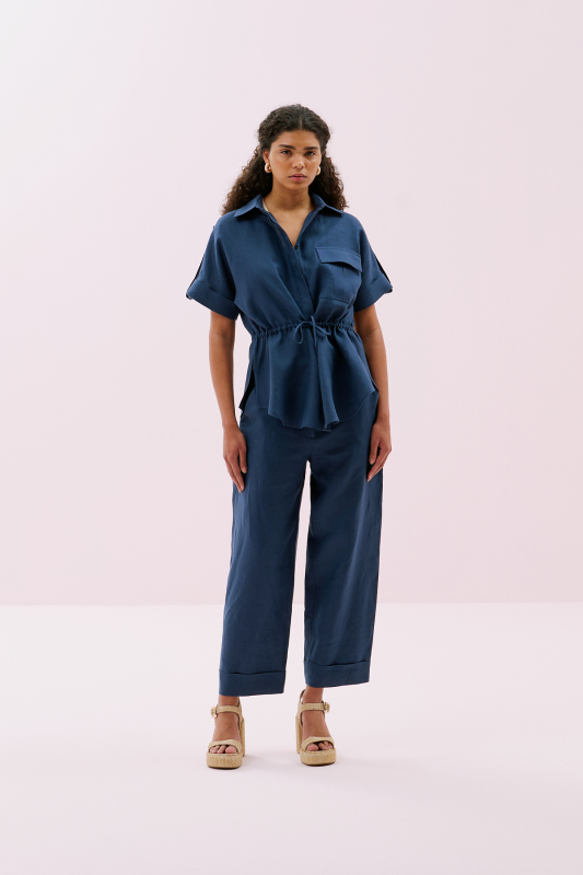 Tek Cepli Beli Bağlanabilen Kısa Kol Keten Gömlek Lacivert - 4