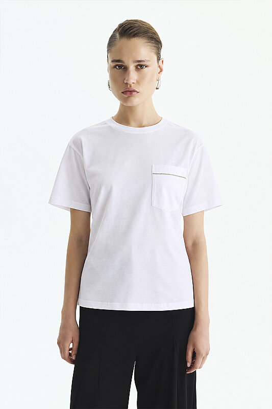 Tek Cepli Zincir Şeritli T-Shirt Beyaz - Roman