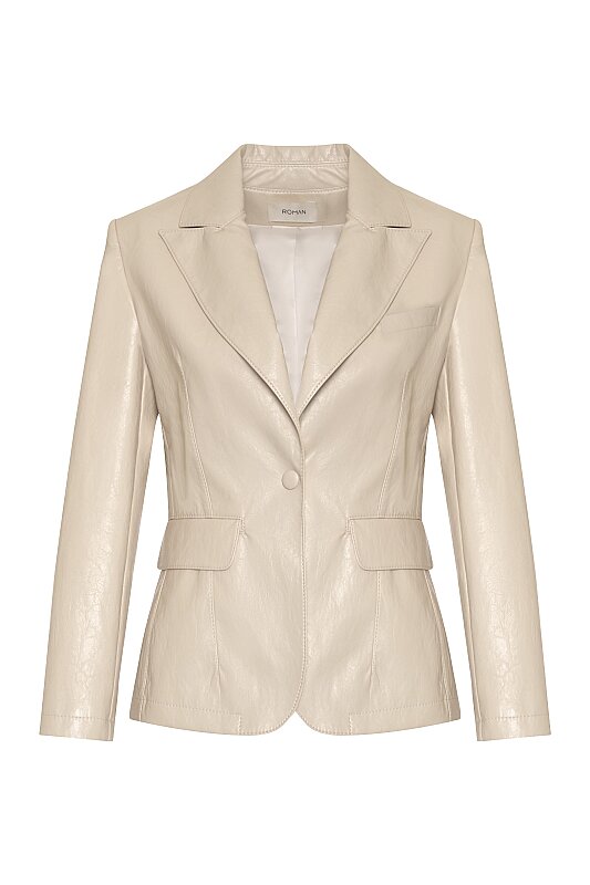 Tek Çıtçıtlı Deri Blazer Ceket Bej - 4