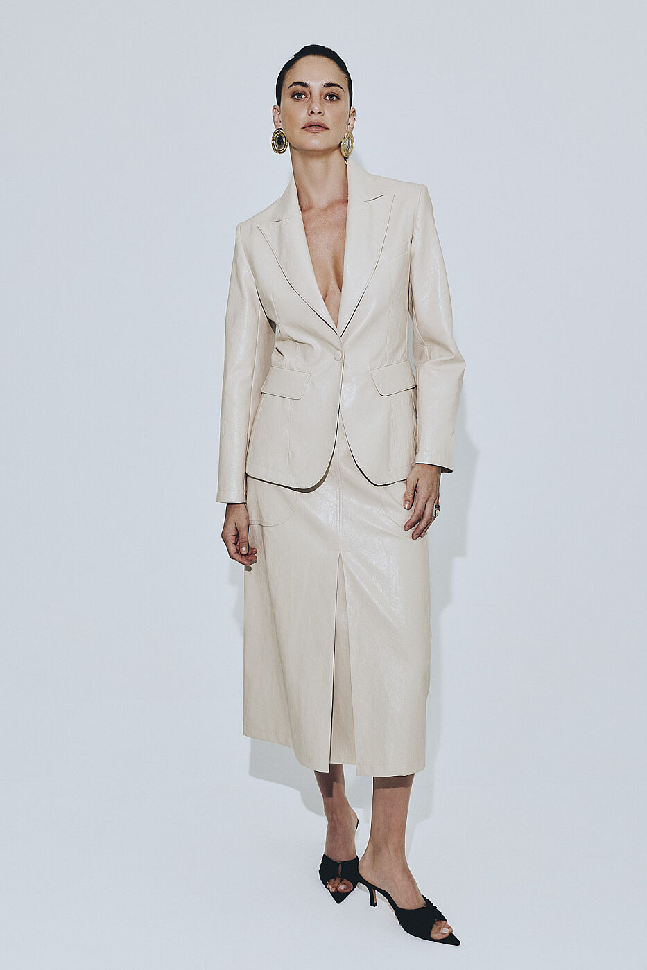 Tek Çıtçıtlı Deri Blazer Ceket Krem - 1