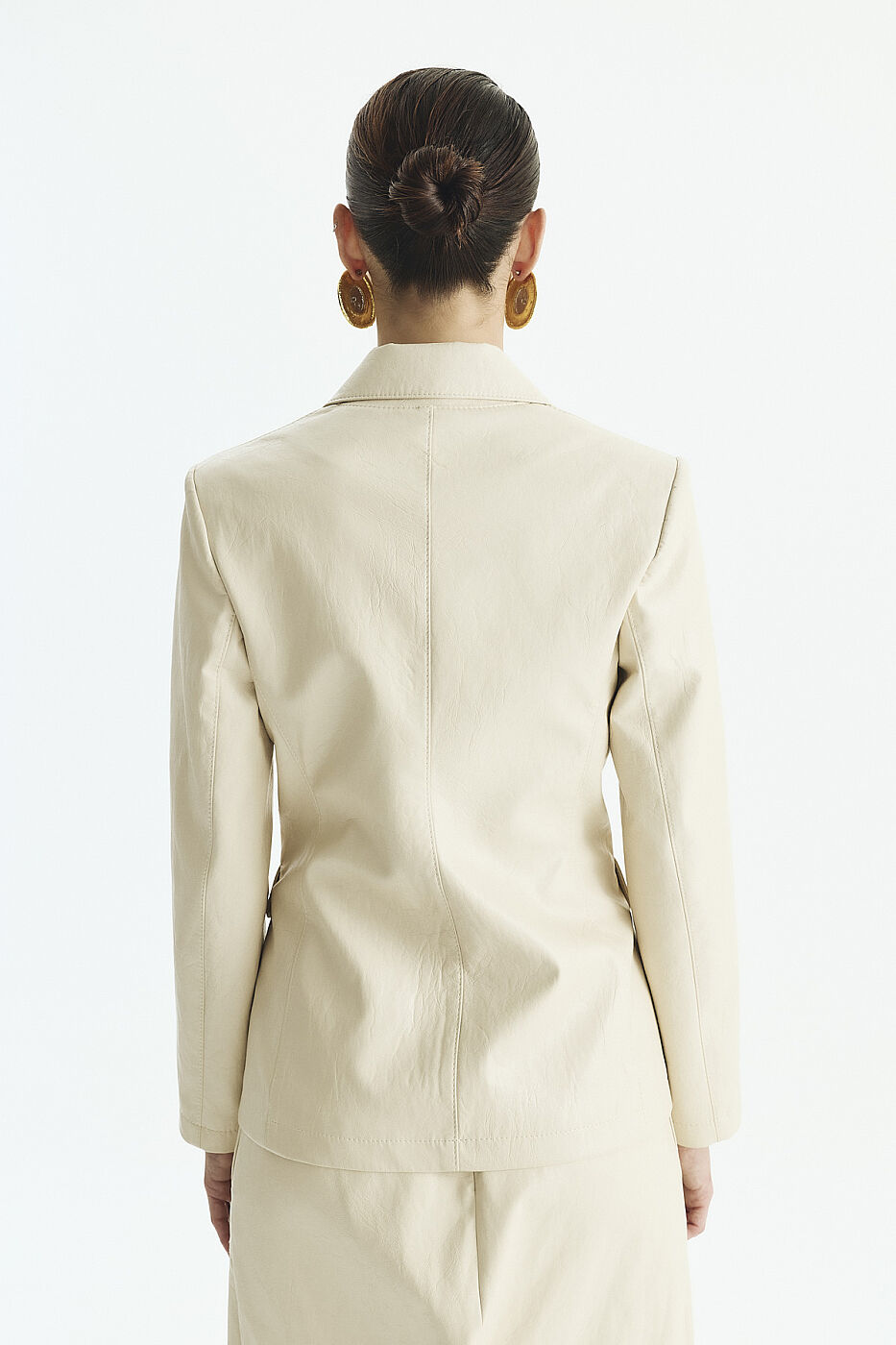 Tek Çıtçıtlı Deri Blazer Ceket Krem - 3