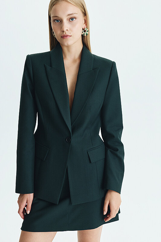 Tek Düğmeli Beli Oturtmalı Klasik Blazer Ceket Yeşil - Roman