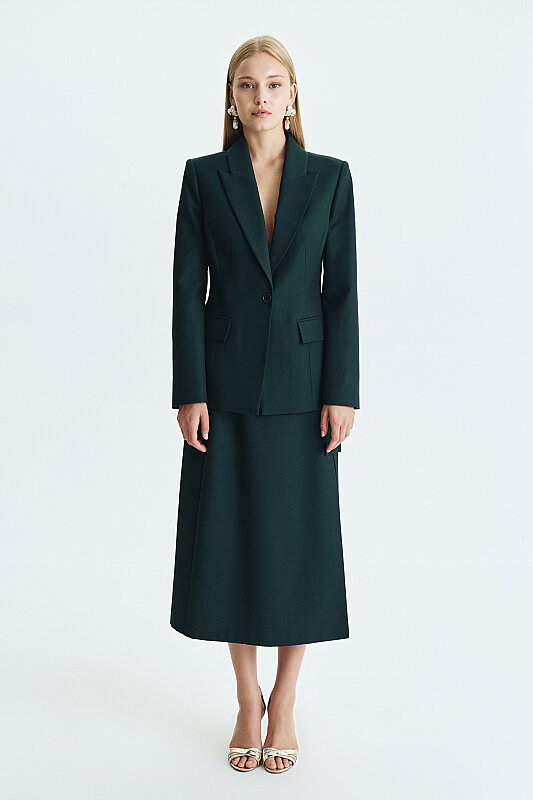 Tek Düğmeli Beli Oturtmalı Klasik Blazer Ceket Yeşil - 5