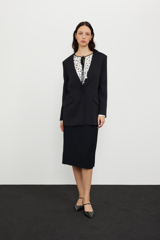 Viscon Yakasız Kruvaze Ceket Siyah - 3