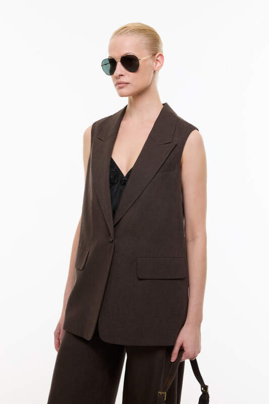 Tek Düğmeli Erkek Yaka Yelek Kahve - 3