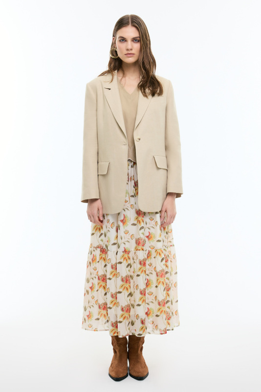 %100 Keten Tek Düğmeli Blazer Ceket Bej - 4