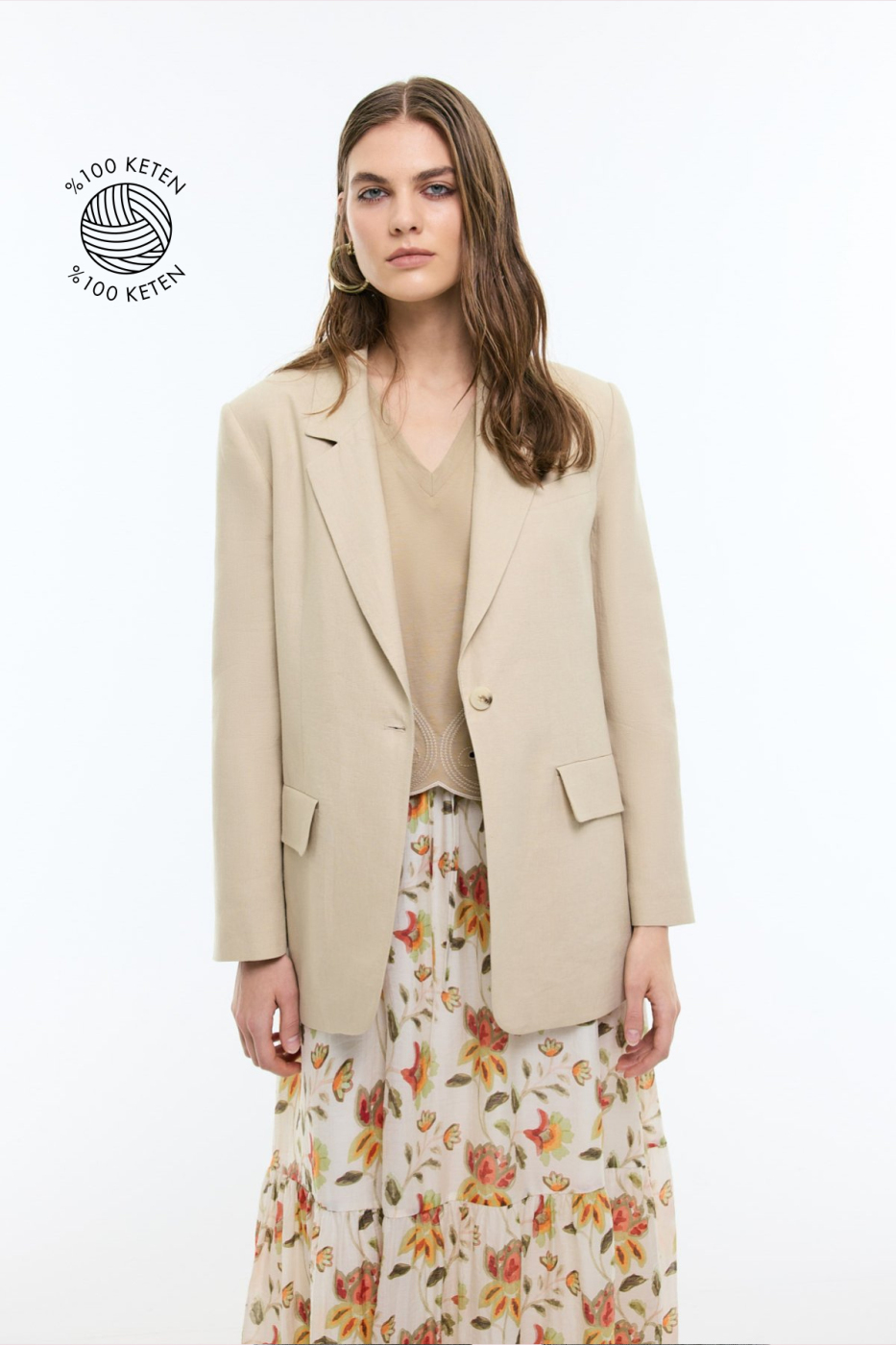 %100 Keten Tek Düğmeli Blazer Ceket Bej - 1