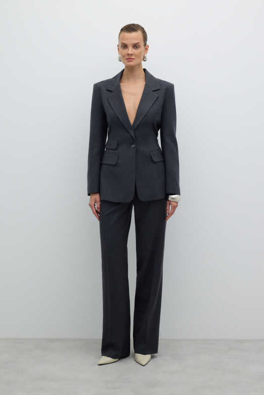 Tek Düğmeli Yün Blazer Ceket Koyu Gri - 5