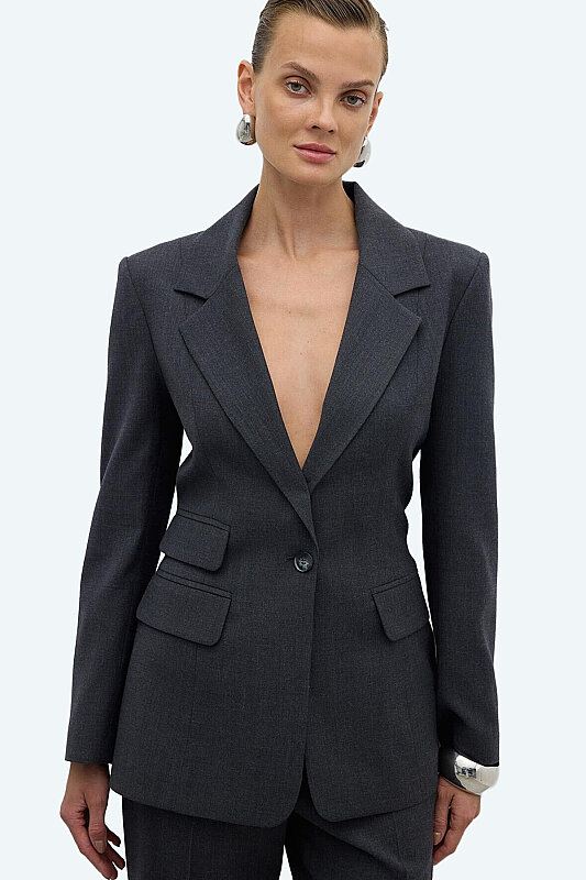 Tek Düğmeli Yün Blazer Ceket Koyu Gri - Roman