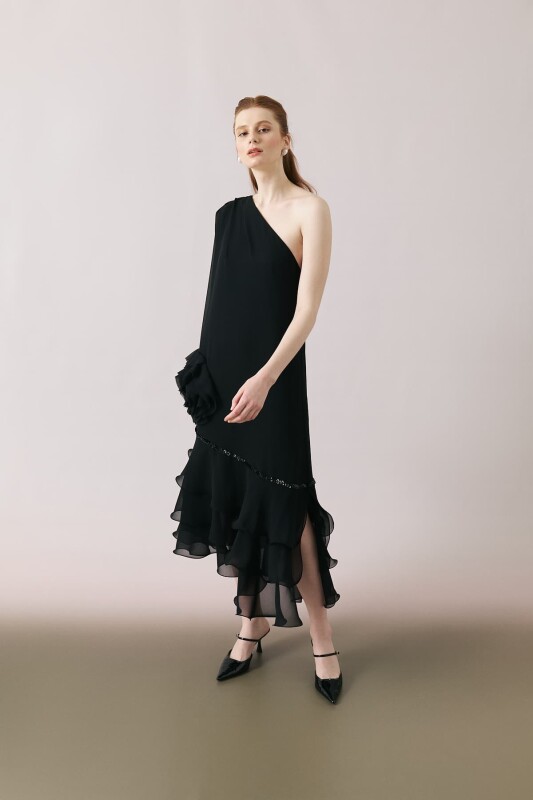 Rose Motif One Shoulder Midi Dress Black - 3