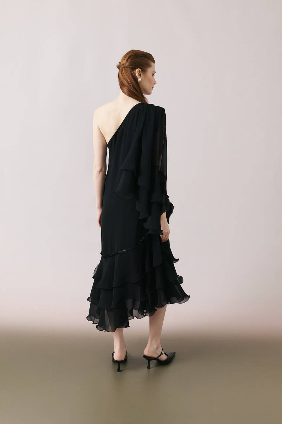 Rose Motif One Shoulder Midi Dress Black - 2