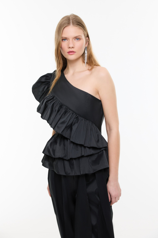 Tek Omuz Volanlı Tafta Bluz Siyah - 1