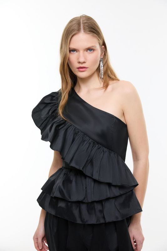 Tek Omuz Volanlı Tafta Bluz Siyah - 3