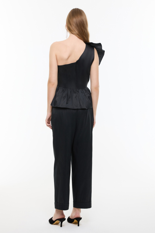 Tek Omuz Volanlı Tafta Bluz Siyah - 2