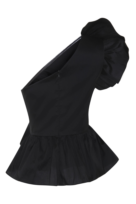 Tek Omuz Volanlı Tafta Bluz Siyah - 6