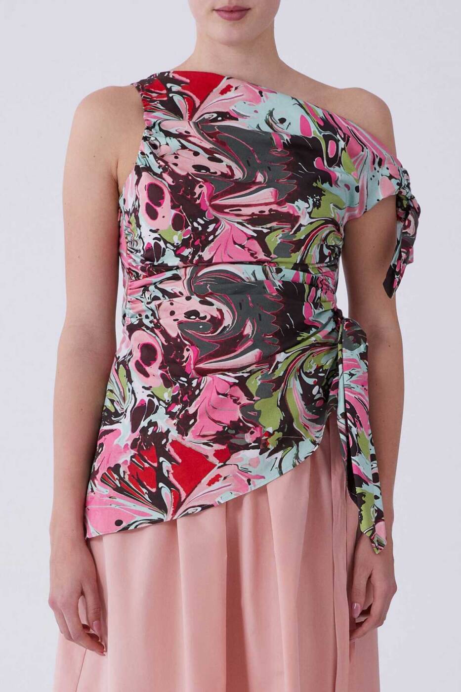 Tek Omuz Yanı Drapeli Floral Desen Bluz Standart Renk - 1