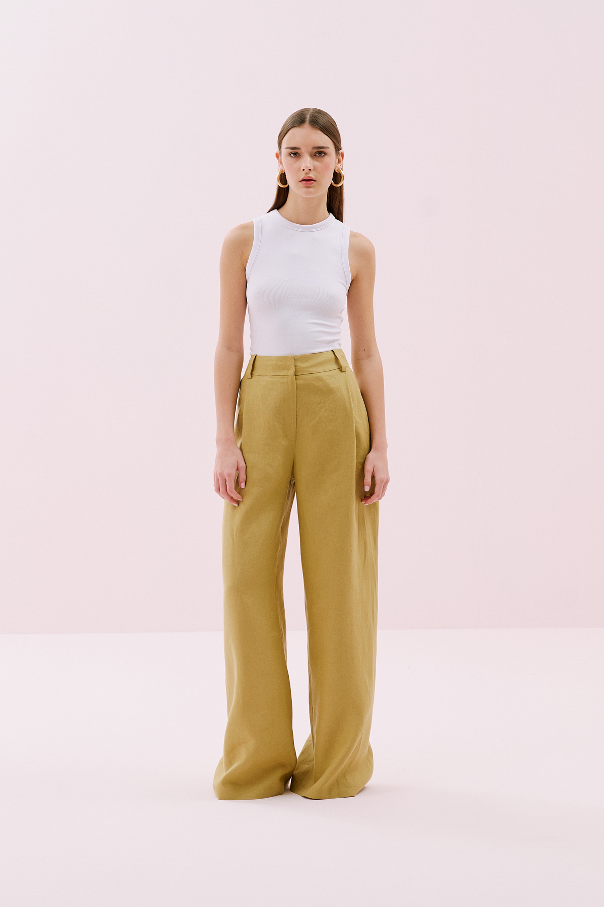 Tek Pilili Palazzo Keten Pantolon Olive