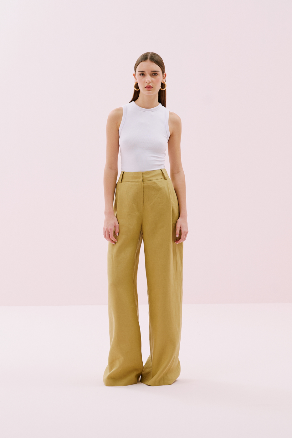 Tek Pilili Palazzo Keten Pantolon Olive - 1