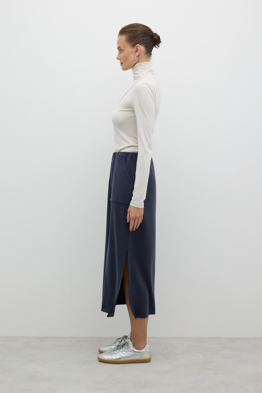 Tek Yanı Yırtmaçlı Midi Boy Etek Lacivert - 4