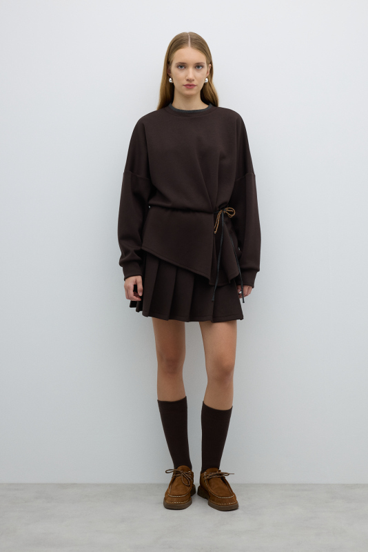 Tiktak ve Kordon Detaylı Beli Lastikli Sweatshirt Kahve - 2