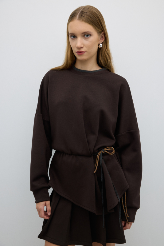 Tiktak ve Kordon Detaylı Beli Lastikli Sweatshirt Kahve - 1