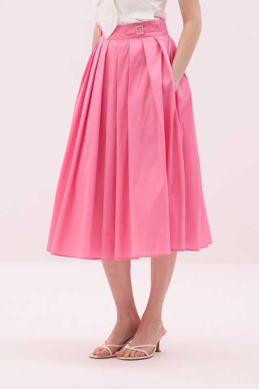 Toka Detaylı Pileli Tafta Midi Boy Etek Pembe - 3